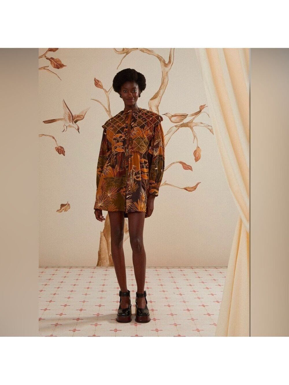 Farm Rio Savana Dream Caramel Matelasse Yoke Mini Dress